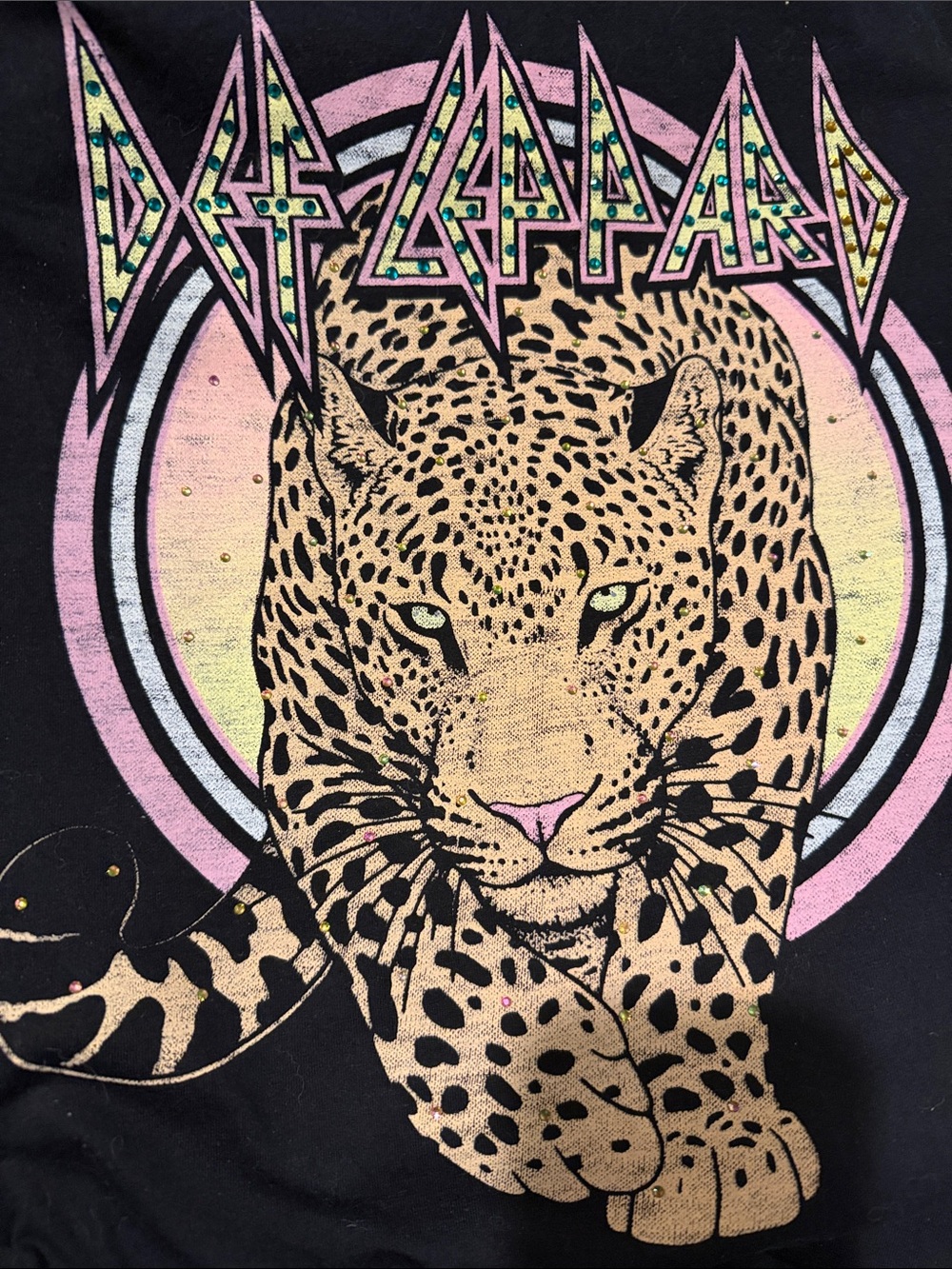 Def Leppard Graphic Tee - Black with Pink & Yellow Accents. Crystal rhinestones